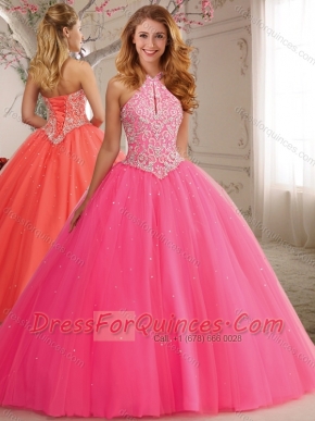 Modest Cutout Bust Beaded Decorated High Neck Hot Pink Quinceanera Dress