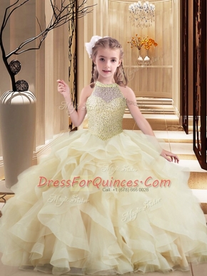 New Style Sleeveless Tulle Brush Train Lace Up Girls Pageant Dresses in Light Yellow with Beading and Ruffles