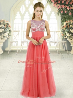 Watermelon Red Sleeveless Beading Floor Length Evening Dress