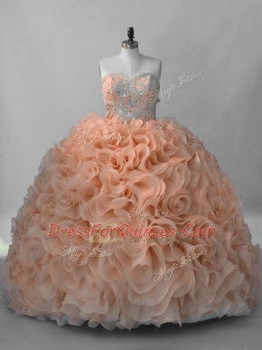 On Sale Peach Ball Gowns Fabric With Rolling Flowers Sweetheart Sleeveless Beading Lace Up Quinceanera Dress Brush Train