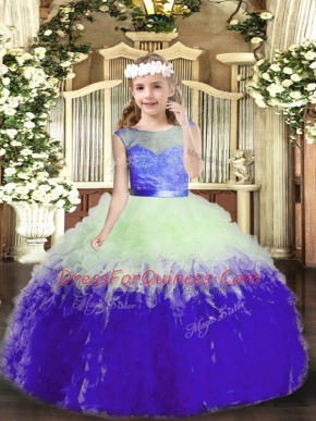 Custom Designed Multi-color Ball Gowns Lace and Ruffles Child Pageant Dress Backless Tulle Sleeveless Floor Length