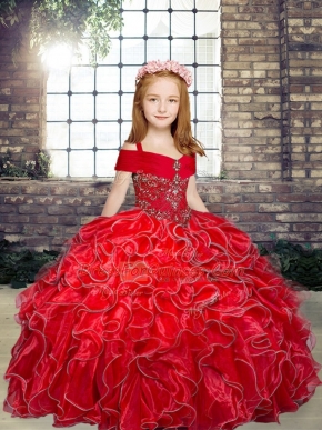 Red Ball Gowns Beading and Ruffles Pageant Dress for Womens Lace Up Organza Sleeveless Floor Length