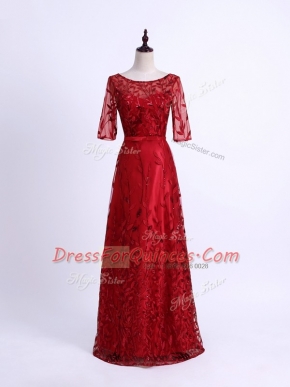 Top Selling Column/Sheath Evening Dress Red Scoop Tulle Half Sleeves Lace Up