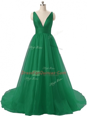 Stylish Dark Green Backless V-neck Ruching Prom Party Dress Organza Sleeveless Brush Train