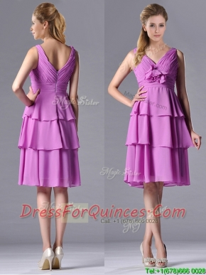 Classical V Neck Lilac Prom Dress with Handcrafted Flower and Ruching