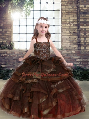 Straps Sleeveless Pageant Gowns For Girls Floor Length Beading and Ruffles Brown Tulle