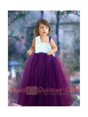 Ball Gown Tulle Floor-length Dark Purple Little Girl Dress with Appliques