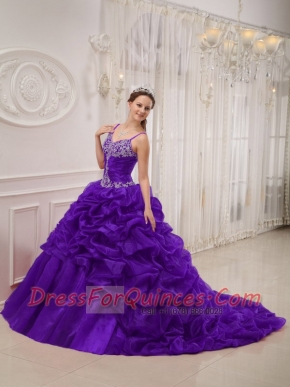 Dark Purple Ball Gown Spaghetti Straps Court Train Quinceanera Dress  with Organza Beading