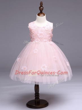 Pretty Knee Length Baby Pink Toddler Flower Girl Dress Tulle Sleeveless Appliques and Bowknot