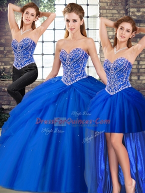 High Class Beading and Pick Ups Quinceanera Gown Royal Blue Lace Up Sleeveless Brush Train
