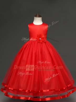 Trendy Red Ball Gowns Tulle Scoop Sleeveless Hand Made Flower Floor Length Zipper Little Girls Pageant Gowns