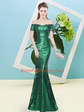 Suitable Dark Green Zipper Homecoming Dress Sequins Short Sleeves Floor Length
