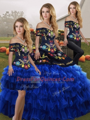 Fancy Organza Off The Shoulder Sleeveless Lace Up Embroidery and Ruffled Layers Quinceanera Gown in Blue And Black