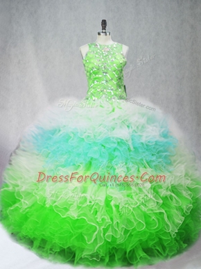 Multi-color Ball Gowns Scoop Sleeveless Tulle Floor Length Zipper Beading and Ruffles 15th Birthday Dress