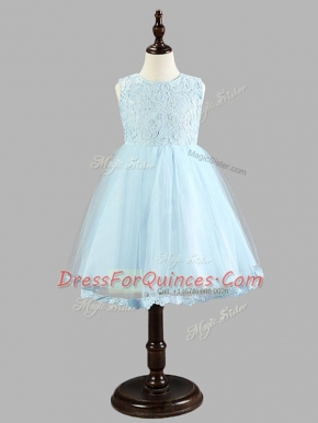 Flare Light Blue Zipper Toddler Flower Girl Dress Lace and Bowknot Sleeveless Knee Length