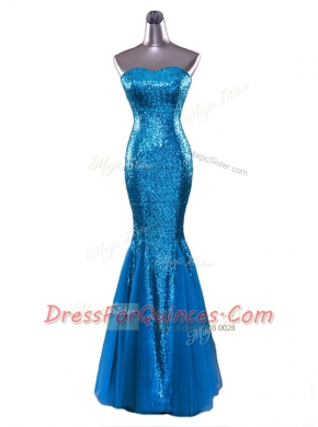 Mermaid Blue Sequined Zipper Prom Evening Gown Sleeveless Floor Length Sequins
