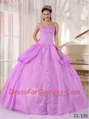 Taffeta and Organza Spaghetti Straps Ball Gown Dress in Lilac with Appliques Beading and Ruching