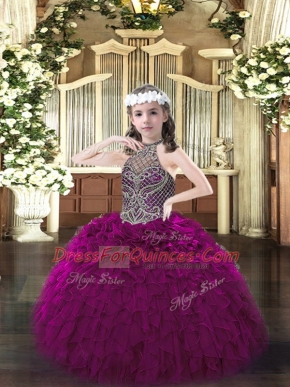 Floor Length Fuchsia Little Girls Pageant Gowns Halter Top Sleeveless Lace Up