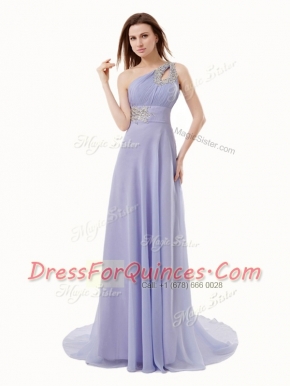High End Lavender One Shoulder Neckline Beading Prom Dress Sleeveless Zipper