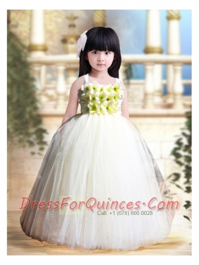 White A-Line Tulle Straps Floor-length Hand Made Flowers Little Girl Dress for 2014