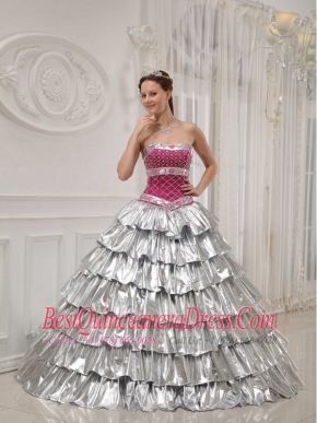 Silver and Fuchisa Ball Gown Quinceanera Dress A-line Strapless Beading Quinceanera Dress