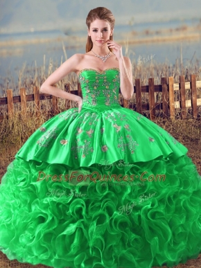 Hot Sale Green Quinceanera Gown Fabric With Rolling Flowers Sleeveless Embroidery and Ruffles
