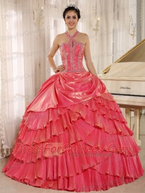 Quinceanera Dress With Halter Watermelon Pleat Beaded Bodice