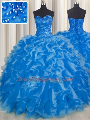 Sweetheart Sleeveless Quinceanera Gown Floor Length Beading and Ruffles Blue Organza