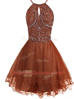 Brown A-line Organza Halter Top Sleeveless Beading Mini Length Zipper Dress for Prom