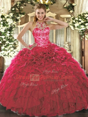 Vintage Floor Length Red Quinceanera Gowns Organza Sleeveless Beading and Ruffles
