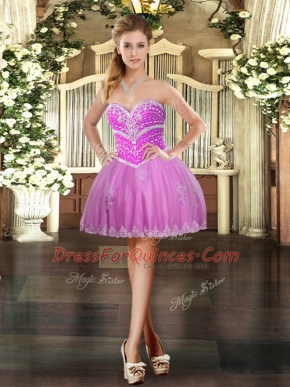 Attractive Mini Length Lilac Prom Evening Gown Tulle Sleeveless Beading and Appliques