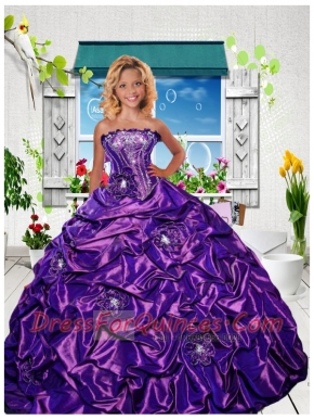 New Style Strapless Purple Little Girl Pageant Dress with Appliques and Pick-ups