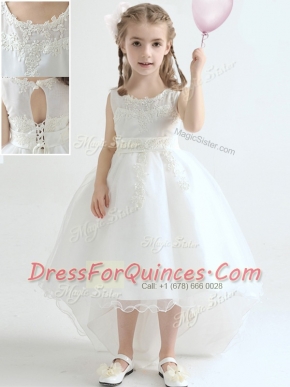 Sumptuous White Organza Lace Up Scoop Sleeveless High Low Flower Girl Dress Appliques