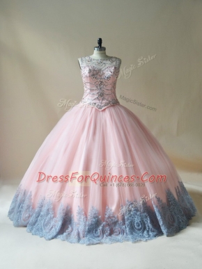 Dynamic Pink Scoop Lace Up Beading and Appliques Quinceanera Gown Sleeveless