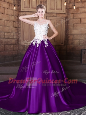 Elastic Woven Satin Scoop Sleeveless Court Train Lace Up Lace and Appliques Quinceanera Dresses in Purple