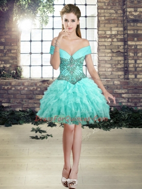 Delicate Aqua Blue Sleeveless Organza Lace Up Prom Gown for Prom and Party