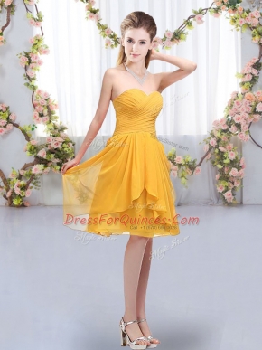 Chic Gold Sweetheart Neckline Ruffles and Ruching Dama Dress for Quinceanera Sleeveless Lace Up