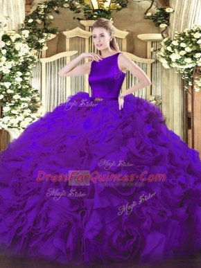 High Class Purple Ball Gowns Belt Sweet 16 Dresses Clasp Handle Fabric With Rolling Flowers Sleeveless Floor Length