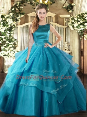 Teal Ball Gowns Scoop Sleeveless Tulle Floor Length Lace Up Ruffled Layers 15 Quinceanera Dress