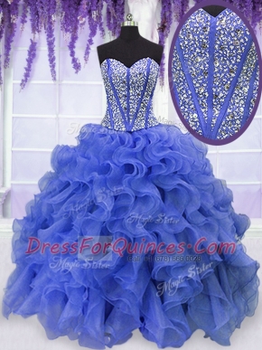 Top Selling Royal Blue Sleeveless Floor Length Beading and Ruffles Lace Up Ball Gown Prom Dress