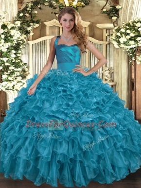 High Class Teal Ball Gowns Organza Halter Top Sleeveless Ruffles Floor Length Lace Up Sweet 16 Quinceanera Dress