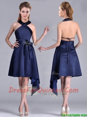 Elegant Halter Top Asymmetrical Navy Blue Prom Dress in Satin