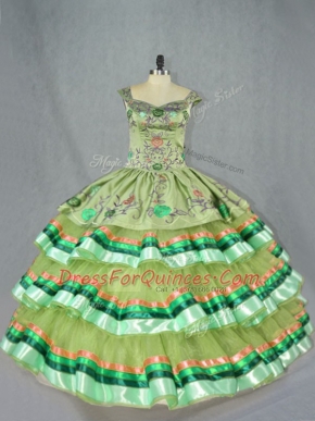 Organza Straps Sleeveless Lace Up Embroidery and Ruffled Layers Quinceanera Gown in Olive Green
