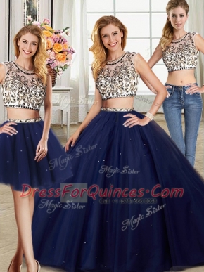 Romantic Three Piece With Train Navy Blue Sweet 16 Quinceanera Dress Scoop Cap Sleeves Brush Train Backless