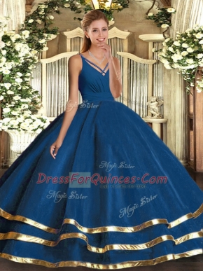 Blue Ball Gowns Tulle V-neck Sleeveless Ruching Floor Length Backless Sweet 16 Quinceanera Dress
