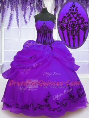 Purple Ball Gowns Strapless Sleeveless Organza Floor Length Lace Up Embroidery Quince Ball Gowns