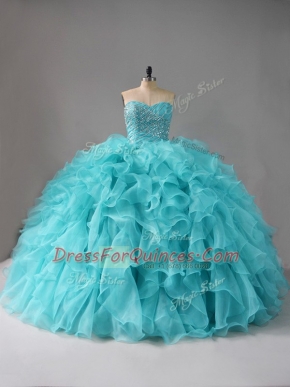 Romantic Aqua Blue Ball Gowns Organza Sweetheart Sleeveless Beading and Ruffles Lace Up Vestidos de Quinceanera