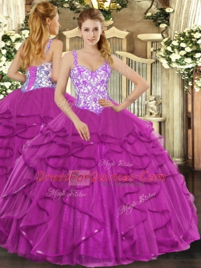 Custom Fit Fuchsia Tulle Lace Up Straps Sleeveless Floor Length 15th Birthday Dress Beading and Appliques and Ruffles