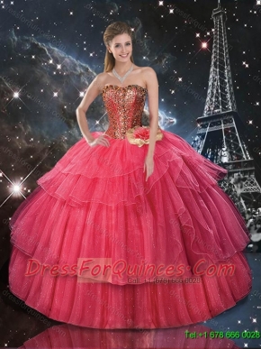 2016 Decent Ball Gown Coral Red Sweet 16 Dresses with Hand Made Flowers