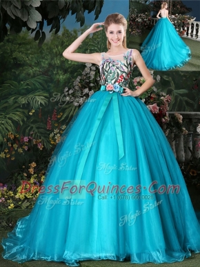 Popular Scoop Sleeveless Organza Brush Train Zipper Sweet 16 Dresses in Teal with Appliques and Belt